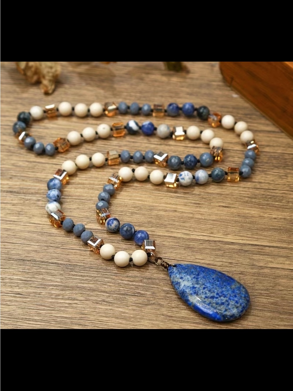 Blue and White Beaded Teardrop Pendant Necklace